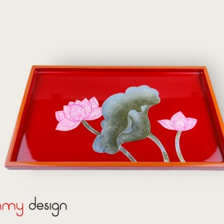 Red rectangle lacquer tray, orange border hand painted with lotus 18*30*H2cm